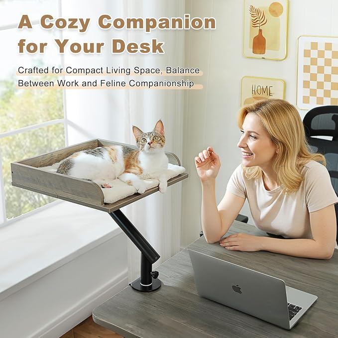 PAWZ Road Cat Desk Bed 360°Rotating Supports to 50 Lbs Cozy Nest for Desk | Wooden Desk Mount Cat Bed with Sturdy Clamp – Fits Desks & Tables, Padded Soft Nest for Cats, Holds Up to 50 lbs