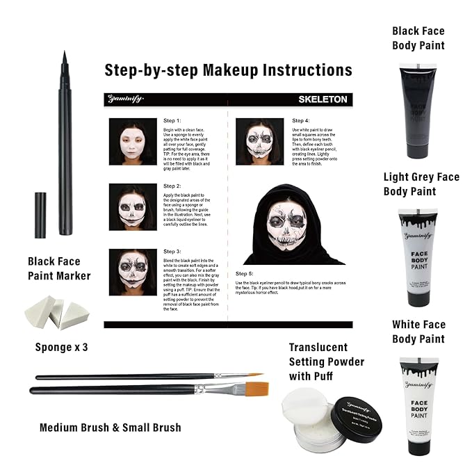 Skeleton Halloween Makeup Kit,Black White Light Gray Face Paint Kit,Water Based Light Grey Body Paint for Skull Zombie Makeup,SFX Face Painting Kit with Setting Powder for Adults & Kids