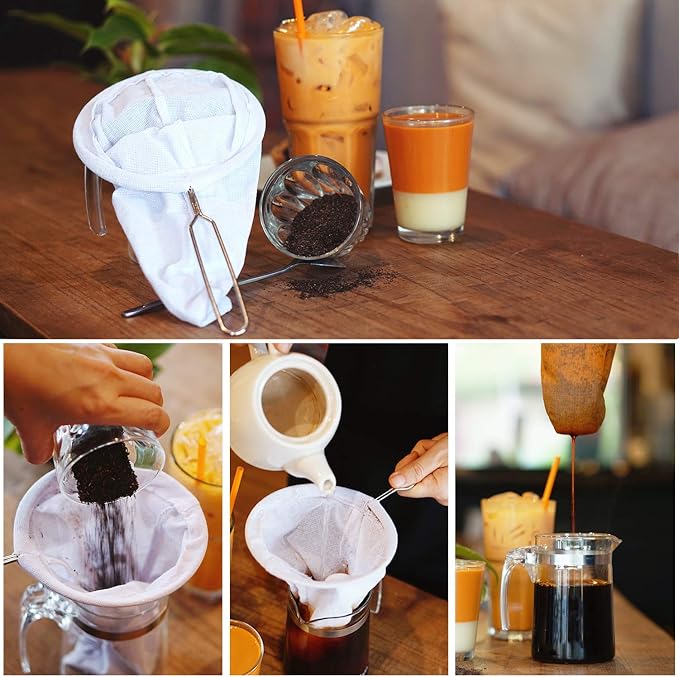 Traditional Thai Style Stainless Steel Reusable Mesh Filter for Thai Tea, Coffee & Loose Leaf Drinks, Strainer Sock 3 Inches