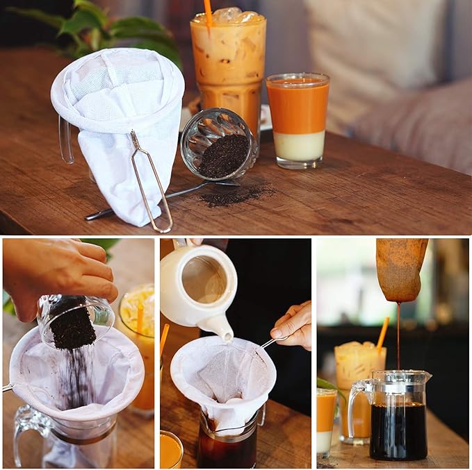 Traditional Stainless Steel Reusable Mesh Filter for Thai Tea Filter, Coffee & Loose Leaf Drinks, Thai Tea Strainer Sock 5.5 Inches