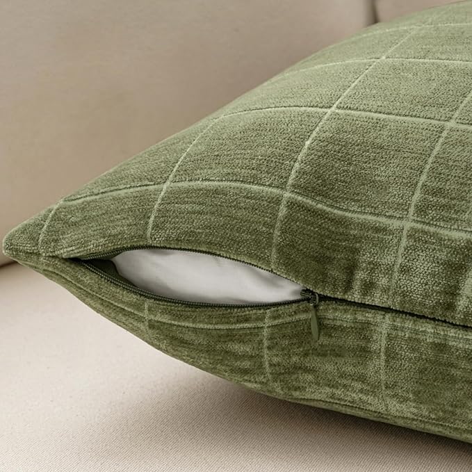 MIULEE Sage Green Plaid Decorative Throw Pillow Covers 20x20 Set of 2 | Vintage, Check Chenille Couch Pillows, Neutral Boho Farmhouse Cushion Covers, Modern Home Decor for Sofa Bed Living Room