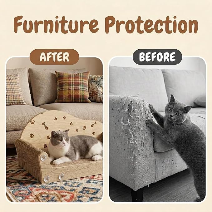 Cat Scratcher Bed,26 Inch Sofa-Shaped Cat Scratcher Couch, Large Luxury Durable Cardboard Sofa Scratcher Pad Furniture Protector for Indoor Cats Scrach,Rest and Play,Beige