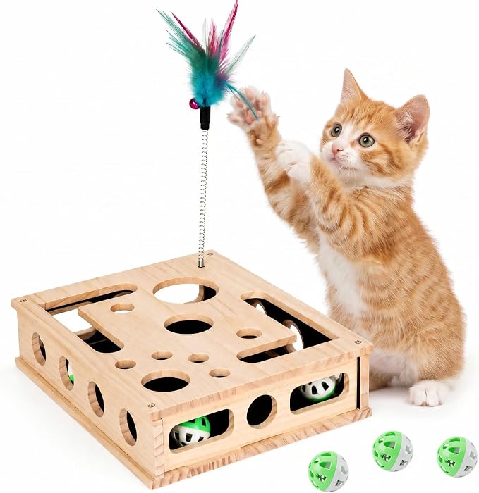 SENNOVI Wooden Cat Puzzle Feeder & Scratcher Toy, Hunting Treat Dispenser