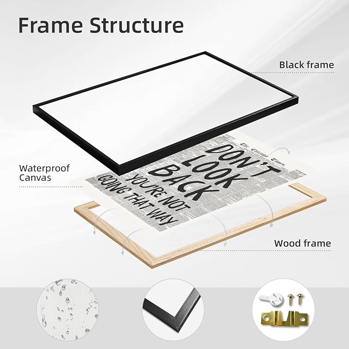 Framed Retro Black and White Newspaper Wall Art Dont Look Back Quote Poster | Trendy Inspirational Wall Decor Positive Motivational Affirmation Canvas Print Preppy Aesthetic Men Bedroom Artwork 24x36inch