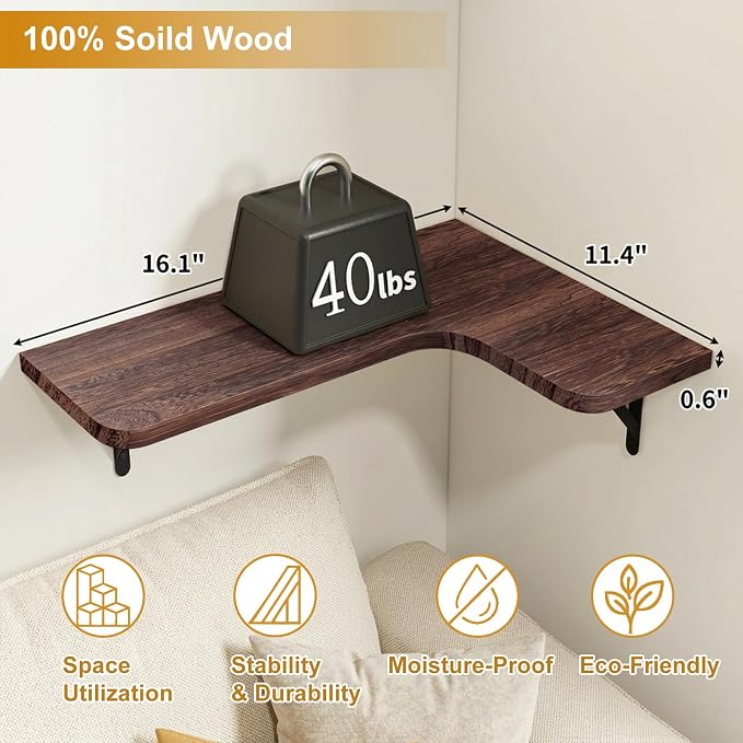 Fixwal Conner Shelves Wall Mounted for Decor, Walnut Brown Set of 5 | Solid wood shelf with metal brackets, holds 40 lbs. Optimizes corner storage. Fits bathroom, kitchen, bedroom & living room.