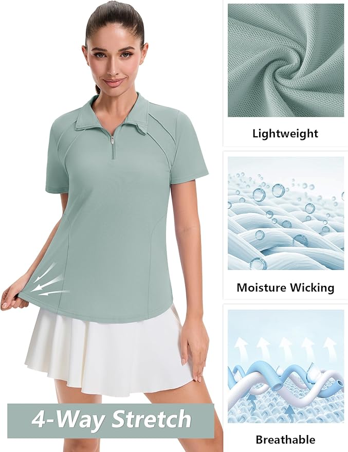 LOMON Womens Golf Polo Shirt Summer Short Sleeve Quarter Zip Outfit | Side-Pockets,Princess Seams,Cotton,Wrinkle Free,Moisture Wicking,Quick-Dry,Lightweight,Collared,for Tennis Workout