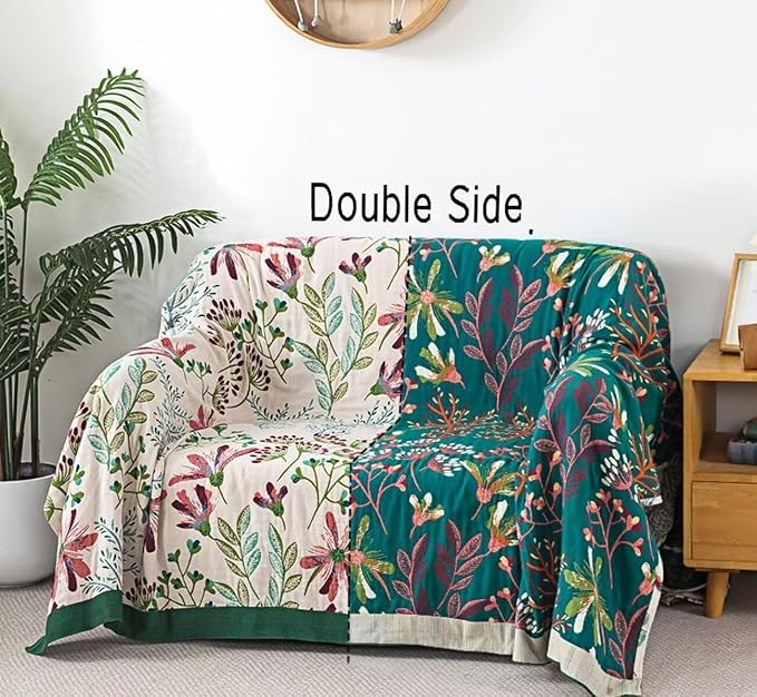Boho Throw Blanket for Bed 100% Cotton Bohemian Blankets Ultra Soft Woven Muslin Decorative Blankets All Seasons Vintage Quilt Knitted Blanket for Sofa Chair(Green, 50"x60")