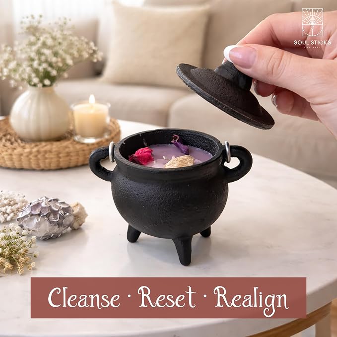 Reusable 4-Inch Cast Iron Cauldron Candle with Lid and Hanging Handle | Ritual & Aromatherapy Candle for Spell Casting, Smudging, Home Cleansing | Herb-Infused with Essential Oils (Lavender)