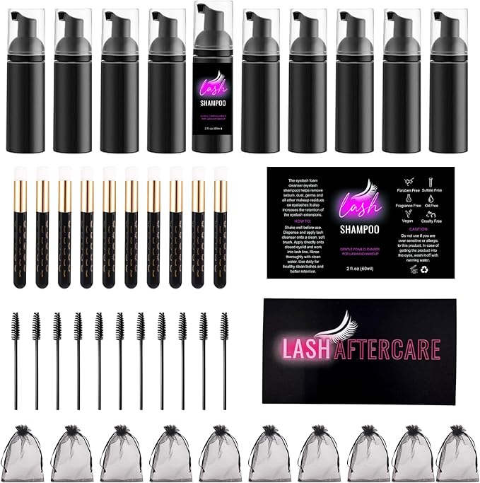 60 Pcs Lash Shampoo Bottle Brushes Kit 10 Empty Foam Pump Dispensers 10 Bath Label Stickers & Care Cards 10 Mascara Wands 10 Cleansing Brush 10 Bag for Eyelash Extensions Aftercare Branding (Black)