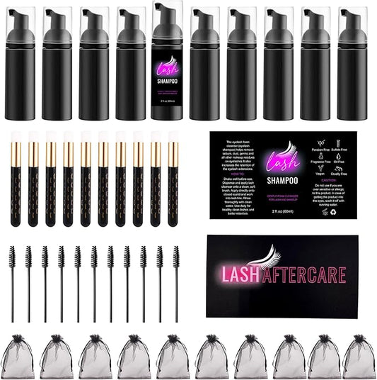 60 Pcs Lash Shampoo Bottle Brushes Kit 10 Empty Foam Pump Dispensers 10 Bath Label Stickers & Care Cards 10 Mascara Wands 10 Cleansing Brush 10 Bag for Eyelash Extensions Aftercare Branding (Black)