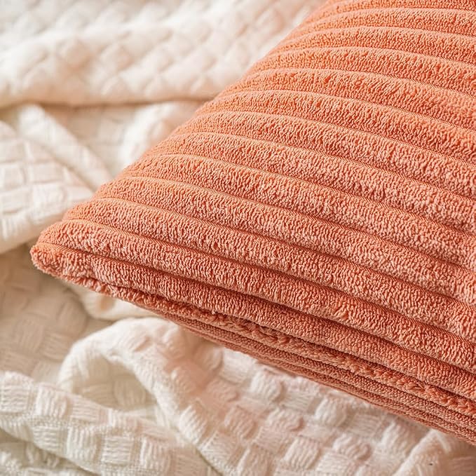 MIULEE Lumbar Corduroy Throw Pillow Covers Set of 2 12x20 Coral Red | Decorative Soft Striped Textured Cushion Cases, Lovely Cute Pillowcases for Home Decor, for Couch Chair Sofa Bed Living Room