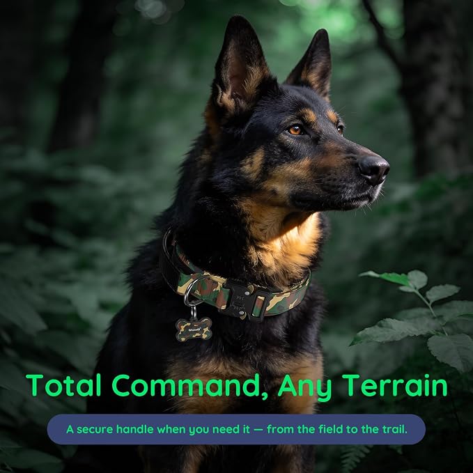 Premium Tactical Dog Collar - Adjustable Military Heavy Duty Dog Collar for Medium Large Dogs - Durable Metal Buckle Dog Collar with Leather Control Handle and Soft Comfortable Padding
