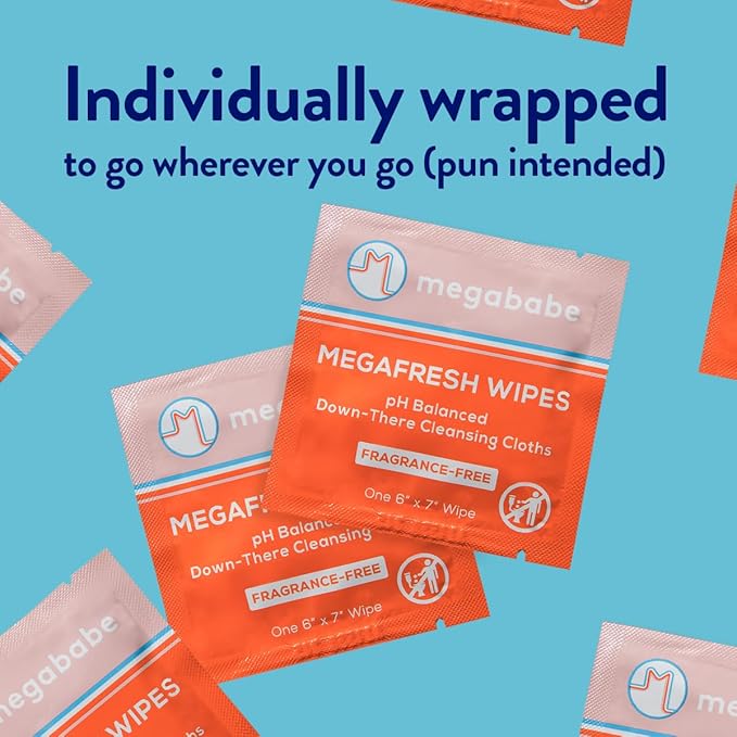Megababe Megafresh Wipes | Unscented Cleansing Wipes for the Intimate Area | pH Balanced, Front & Back Use | 16 Individually Wrapped Wipes (Pack of 1)