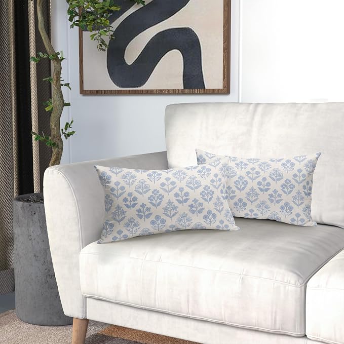 Baby Blue Floral Pillow Covers 12x20 Inch Set of 2, Vintage Flower Block Print Pattern Decorative Throw Pillowcases Outdoor Farmhouse Cushion Covers Spring Summer Rustic Sofa Couch Bed Decor