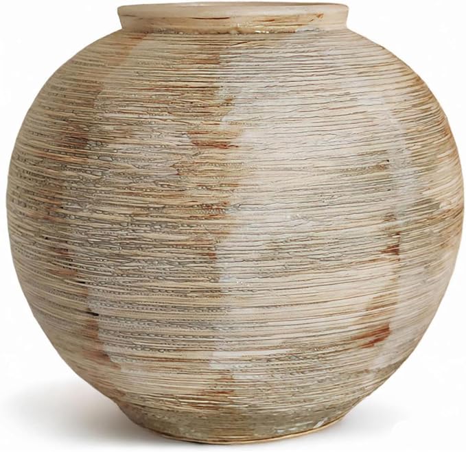Rustic Ceramic Vintage Farmhouse Vase for Decor (Small Ribbed Beige) | Distressed Texture Vase Home Decor, 6'' Decorative Terracotta Round Bowl vase for Living Room, Table, Shelf, Kichen Décor