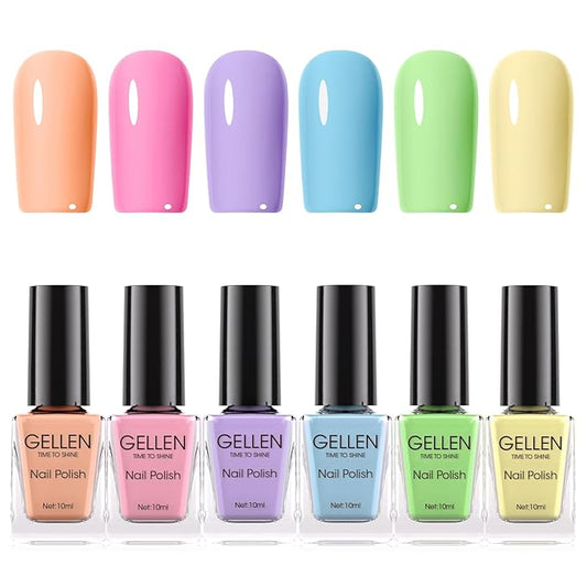 GELLEN Pastel Nail Polish, Quick Air Dry Non-gel Regular Nail Polish No Light Needed for Finger Toe & Fake Nails | 6-color Spring Summer Macaron, Apply 2 Thin Coats | Toxin TPO HEMA Free, No Chip