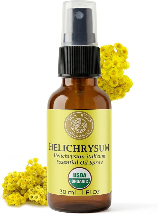 Silk Road Organic Helichrysum Italicum Essential Oil Spray for Skin Care, Wrinkles, Scars, Bruises - USDA Certified Immortelle Oil 1oz Aromatherapy Spray - Always Pure, Always Organic