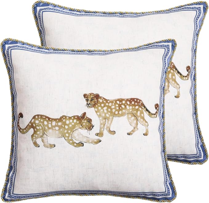 patdrea Designer Vintage Linen Throw Pillow Cover,18"x18",Set of 2-Fromm E | Elegant Decorative Pillow Case with Zipper,Leopard Pattern,Pillow Cover for Couch Living Room Bedroom Sofa