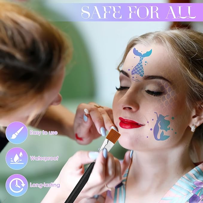 Thenshop 34 Pcs Mermaid Face Painting Kit Include Brush, 30 Sheet Mermaid Scale Stencil Reusable Stencil Stickers 3 Pcs Paints Face Body Paint Set for Halloween Birthdays Party Makeup Mermaid Cosplay