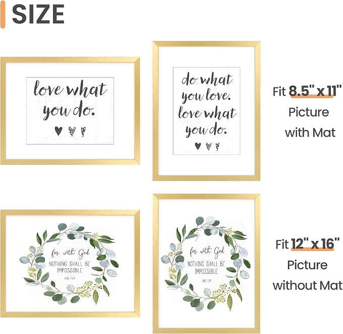 upsimples 12x16 Picture Frame Set of 5, Display Pictures 8.5x11 with Mat or 12 x 16 Without, Wall Gallery Poster Frames, Gold | Poster Frame Collage Wall Decor, 8.5x11 Picture Frame with Mat for Family, Wedding, Hallway, Christmas