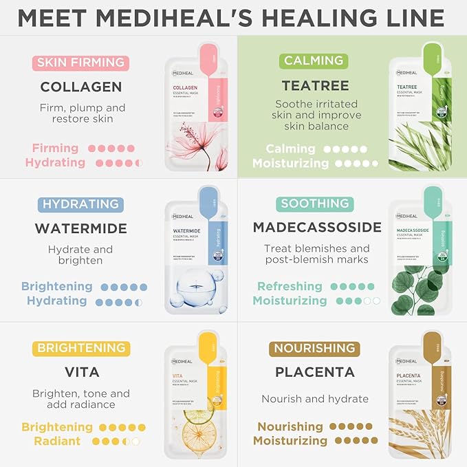 Mediheal Best Korean Sheet Mask - Tea Tree Essential Face Mask 10 Sheets For All Skin Types Korean Best Sheet Mask Soothing Calming