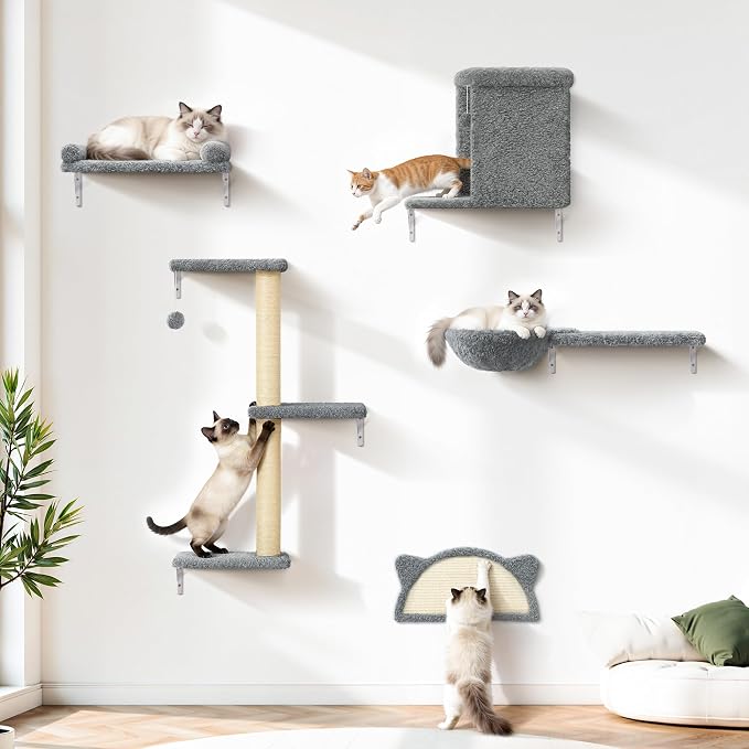 5-in-1 Cat Wall Shelves, Solid Wood Cat Wall Furniture Set for Indoor Cats | 44 lb per Shelf, 72-Hour Load Tested, Pre-Drilled, Fits 16 in. Stud Drywall & Solid Walls, for Small to Medium Cats