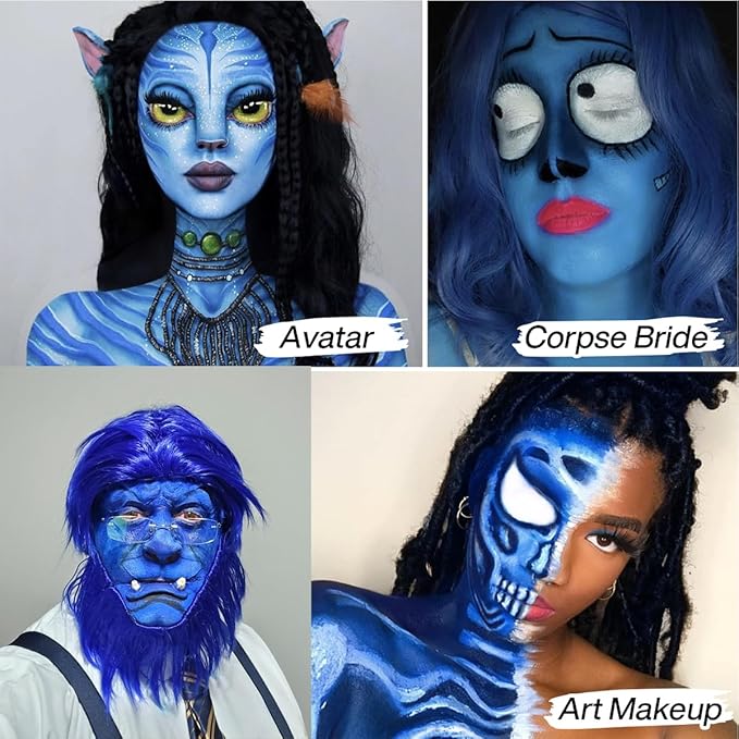 DE'LANCI Blue Face Makeup Foundation, Velcety Texture Blue Body Paint Matte Finish, Long-Lasting Waterproof Face Cream Greasepaint for Clown Avatar Vampire, Halloween Creepy Costume Makeup