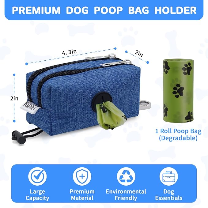 Dog Poop Bag Holder with Treat Pouch, 2 Zipper Pockets & Leash Clip