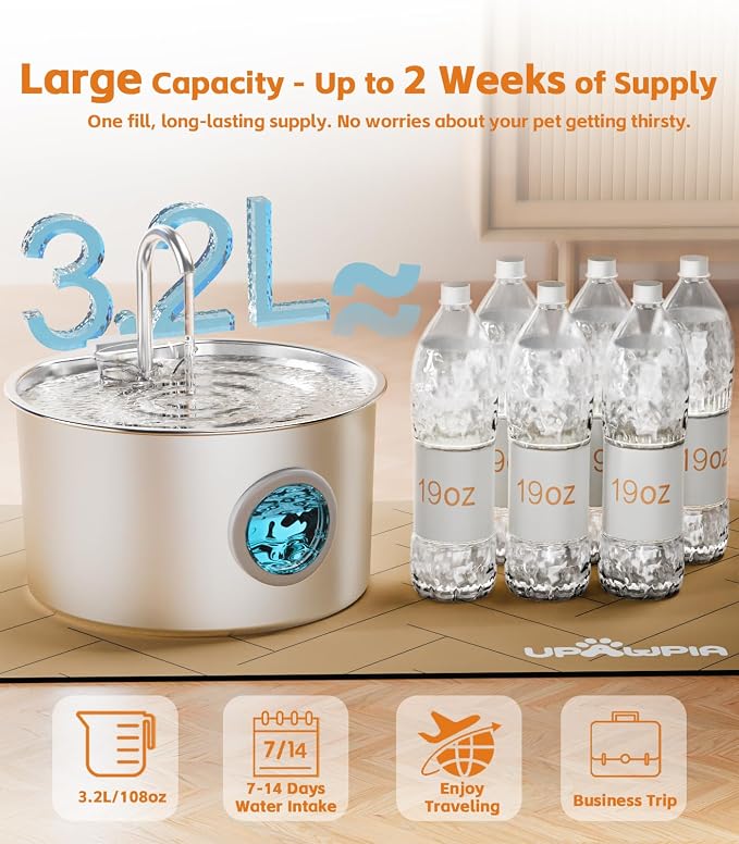 108oz/3.2L Stainless Steel Cat Water Fountain with Detachable Tank, Easy to Clean & Assemble, Pet Drinking Dispenser with Quiet Operation & LED Light, Gifts for Cats, Dogs and Small Pets