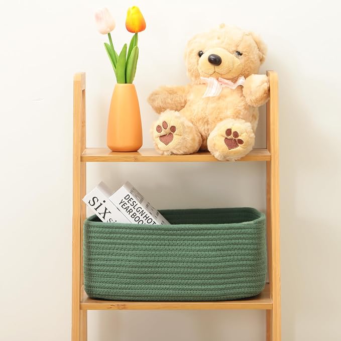 MiniArk Small Storage Baskets for Organizing | Closet Organizer Bins | Shelf Toy Basket | Woven Rope Baskets | Cube Decorative Box | Shallow Basket | 11.5x7.5x4.7” | 4 Packs Green