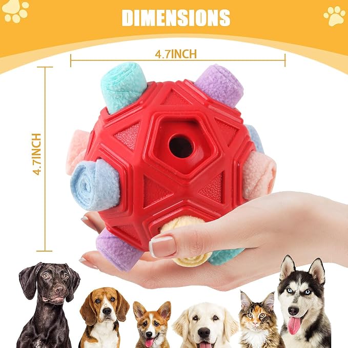 Dog Snuffle Ball-Interactive Puzzle Dog Toys Encourage Natural Foraging Skills Slow Feeder for Training and Stress Relief, Cloth Strip Hiding Food Dog Toys for Any Size Dogs (Red Macaron)