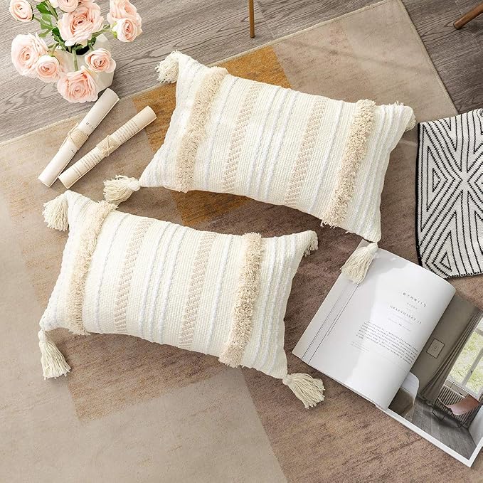 Lumbar Decorative Boho Throw Pillow Cover, 12 x 20 Farmhouse Cute Pillowcase Minimalist Neutral Collection Cream White Tufted with Tassels Woven Cushion Cover for Sofa Couch Bedroom Living Room
