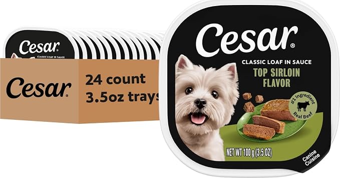 Cesar Classic Loaf in Sauce Wet Dog Food, Top Sirloin, 3.5 oz, 24 Count | Made in USA, Real beef #1 ingredient, no fillers or artificial flavors, 100% complete & balanced, easy peel trays