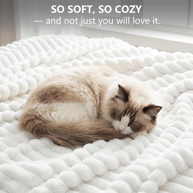 Off White Throw Blanket for Couch & Bed, 50 x 60 Inch | 300GSM Ribbed Fleece Blanket, Soft, Cozy & Lightweight, OEKO-TEX Certified, All-Season Use for Travel, Dorm & Home Decor