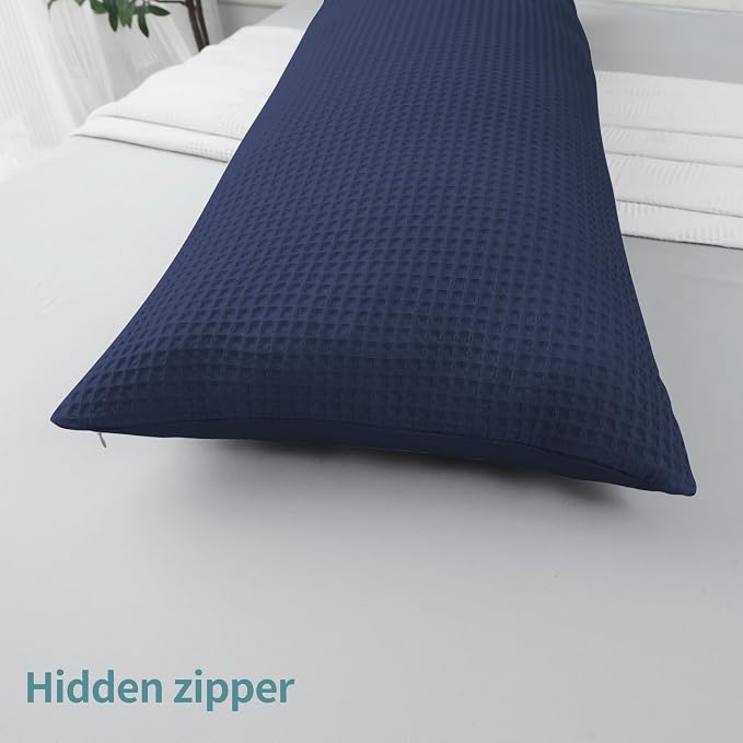 100% Egyptian Cotton 600 TC Waffle Weave Body Pillowcase with Zipper | 1 Pack Ultra Soft Breathable Pillow Cover, Skin-Friendly Bed Pillow Sham, Body Pillow Case Cover, Navy Blue, 20" x 54"