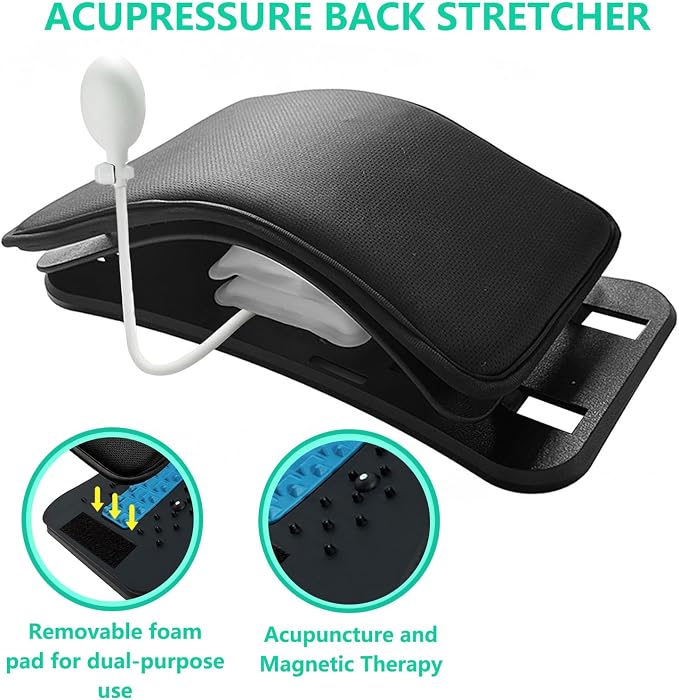 Back Stretcher, Inflatable Lumbar Support for Lower Back Muscle Relief, Stepless Adjustable Height Up to 3.9 Inch with 10mm Detachable Cushion, Acupressure for Yoga Pilates Home Office Muscle Relax