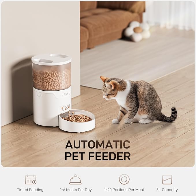 IMIPAW PET Automatic Cat Feeder: 3L Auto Food Dispenser with Timed Feeding| 6 Meal Programmable& 1-20 Portion Precise Control- Easy to Clean & Setup for Cat Indoor| Desiccant Bag Keep Food Fresh