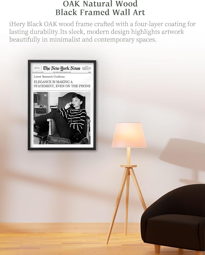 iHery 16x20in Audrey Hepburn Elegance Framed Newspaper Wall Art | Premium Black OAK Wood Frame with Canvas Print, Vintage Newspaper Decor for Bedroom, Living Room, Office 1Pack