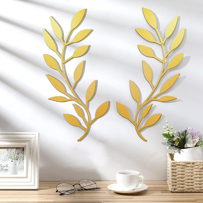 Zhengmy 2 Pcs Metal Leaf Wall Art Vine Branch Decor,Gold | Olive Branch Metal Decor for Living Room Hallway, Symmetrical Leaf Pair for Doorway Entryway, Lightweight Hanging Art Design