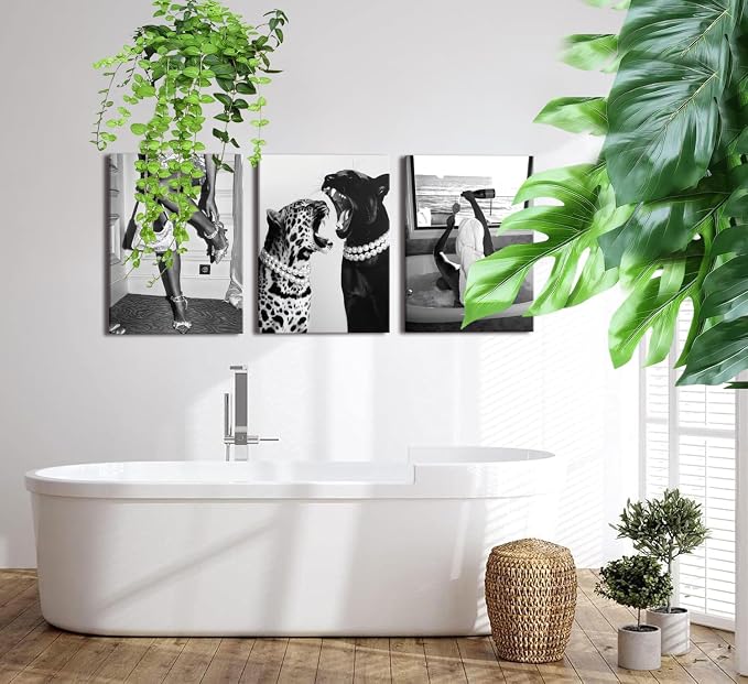 Bathroom Fashion Leopard Print Black and White Canvas Wall Art Trendy Women Posters Paintings Luxury Feminist Pictures Wall Decor for Bedroom Living Room Hallway Home Decoration 12×16 In Framed