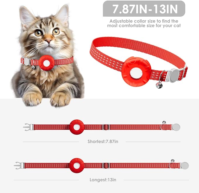 GPS Tracker for Cats, Cat Tracker, Compatible with Apple Find My App (Only iOS), No Monthly Fee, Waterproof, Breakaway Collar Included (White Tracker, Red Cat Collar)