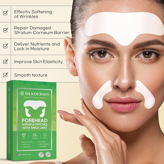 SILKDERMIS Smile Line and Forehead Wrinkle Patches: Smile Line Treatment with Aloe, Collagen, Vitamin E-Forehead Patches 12pcs, Smile Line Patches 24pcs