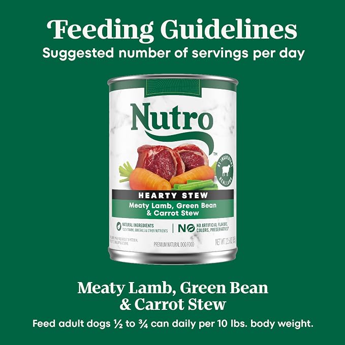 Nutro Hearty Stew Wet Dog Food, Meaty Lamb, 12.5 oz, 12 Pack | Grain-free, real lamb #1 ingredient, cuts in gravy, no corn, wheat, soy, made in USA facilities, canned dog food
