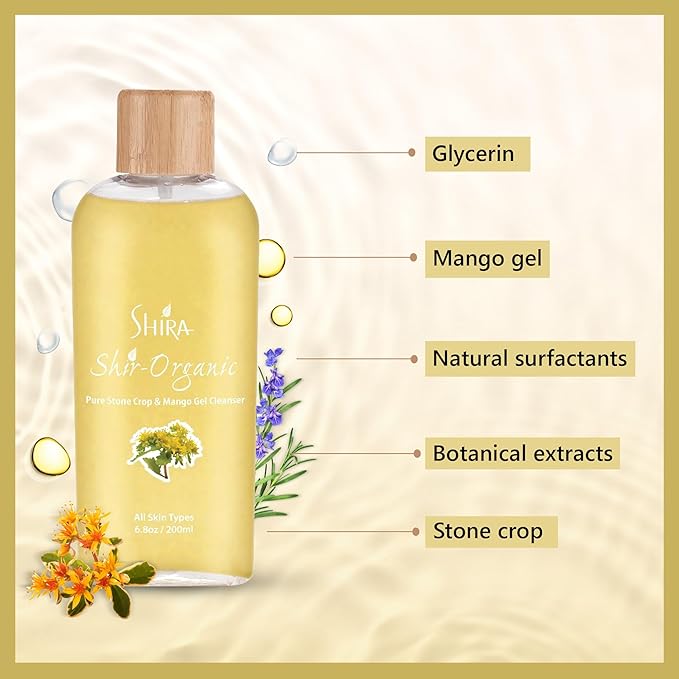 Shira Shir Organic Stone Crop & Mango Gel Cleanser 200ml - Hydrating Face Wash for Smooth, Refreshed Skin, Natural Ingredients, Gentle Daily Cleanser for All Skin Types, Organic Skin Care