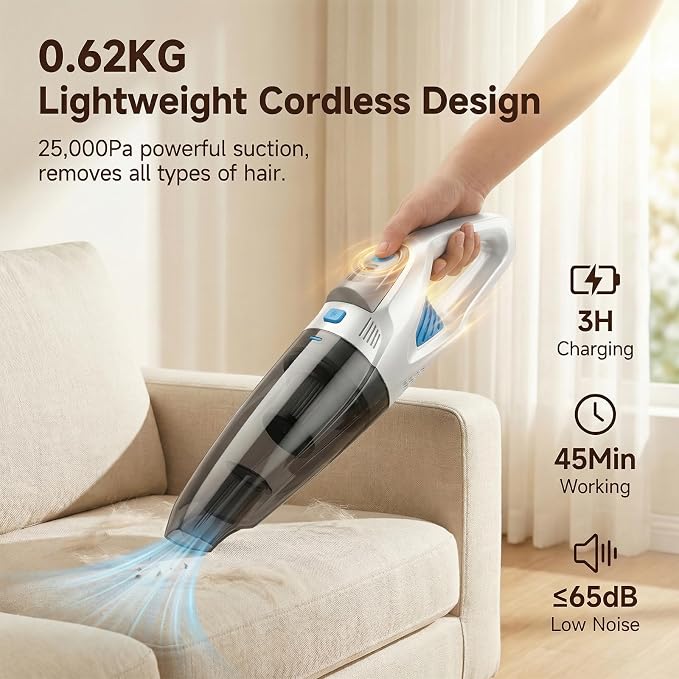 Handheld Vacuum Cordless, 25000Pa Powerful Suction Car Vacuum Portable Cordless with 8000mAh Battery & LED Light, Hand Held Vacuum Rechargeable with HEPA Filters, Home, Car Seats, Pet Hair White