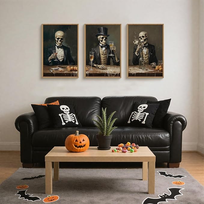 FWIEXA Halloween Skeleton Canvas Wall Art Set of 3, Gothic Skull Framed Painting Artwork, Dark Reaper Prints, Creepy Spooky Decor 24x36In for Party, Bar, Gift, Living Room, Bedroom