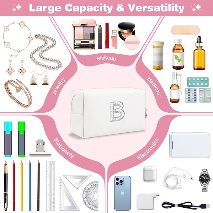 Bride Gifts – Personalized Initial Makeup Bag with Pearl Rhinestone Patch, Preppy White Monogram Cosmetic/Toiletry Pouch, bridesmaid Gifts, Bridal Shower Gifts, Wedding Gifts, Bridal Gifts,B
