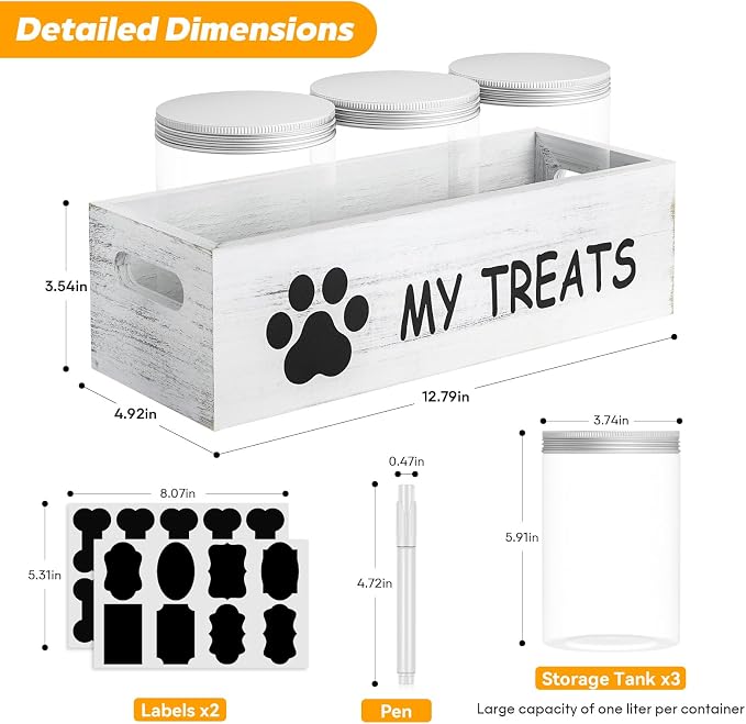 qeerable Dog Treat Container for Countertop - Dog Food Storage with 3 Jars - Pet Food Organizer For Puppy - Airtight White Wooden Dog Treat Storage With Lids - Great Gift for Pet Dog Owners