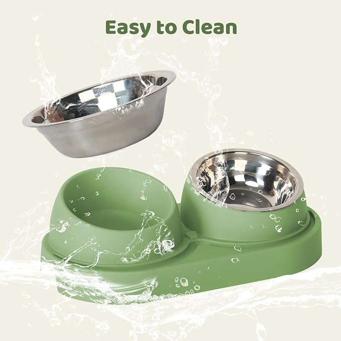 Cat Feeder and Water Dispenser, Cat Feeder with Stainless Steel Bowls, Pet Food Dispenser for Cats and Small Dogs, Easy to Clean(Green)