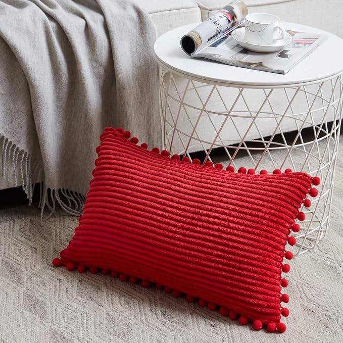 Fancy Homi Pack of 2 Christmas Rectangle Decorative Throw Pillow Covers with Pom-poms, Soft Corduroy Accent Solid Cushion Case Set for Couch Sofa Bedroom Car Living Room (12x20 Inch/30x50 cm, Red)